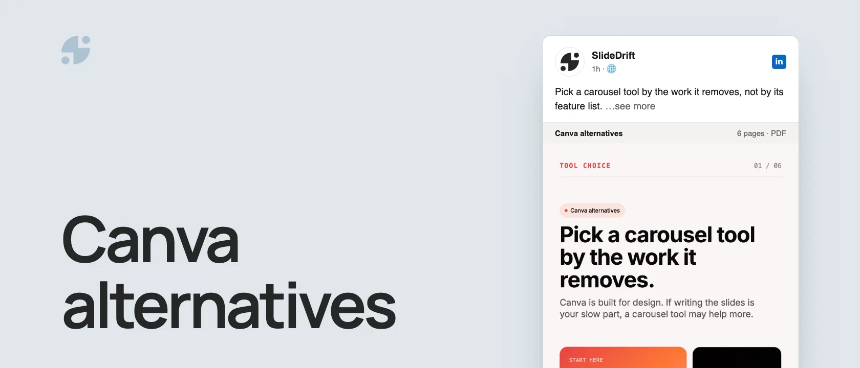 Canva alternatives. The carousel's first slide, posted on LinkedIn by SlideDrift.