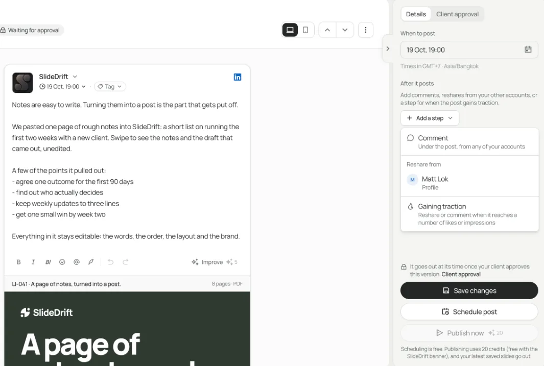 The Add a step menu under After it posts: Comment, Reshare and Gaining traction