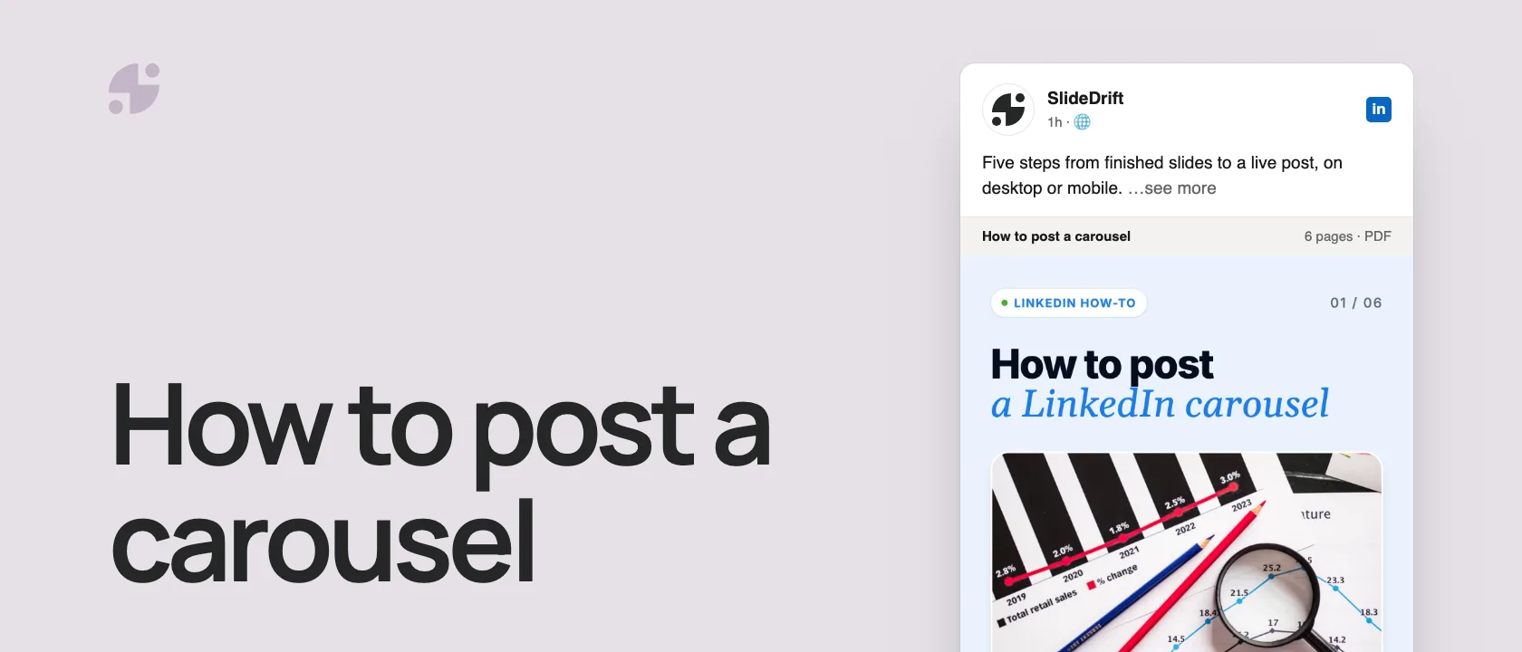How to post a carousel. The carousel's first slide, posted on LinkedIn by SlideDrift.