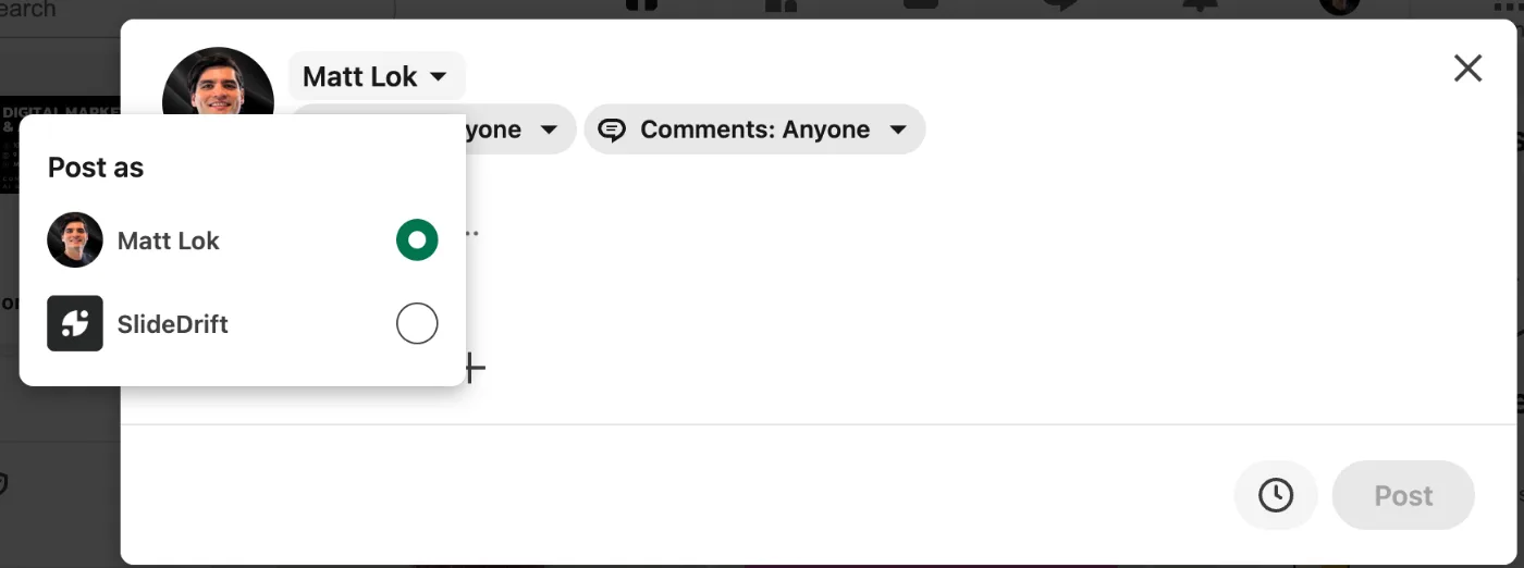 LinkedIn's own composer, with the clock icon next to Post