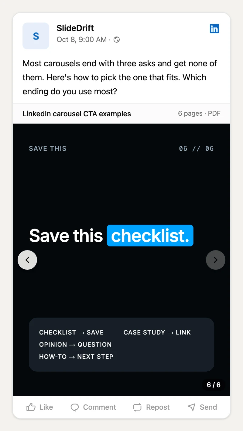 A LinkedIn carousel post previewed in SlideDrift on its last page: the slide says 'Save this checklist' and the caption ends with the question 'Which ending do you use most?'