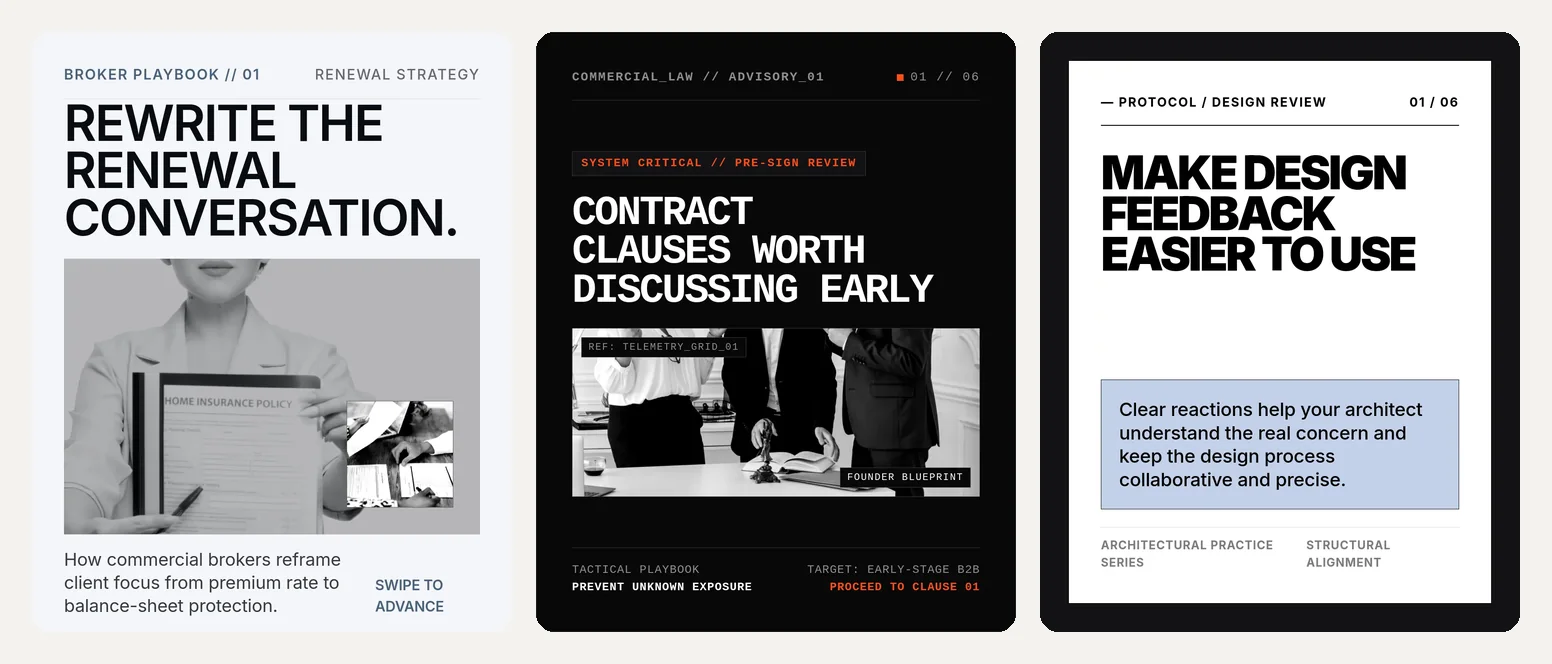Three SlideDrift template covers in editorial black-and-white styles: Studio Noir, Industrial Precision and Literary Silhouette