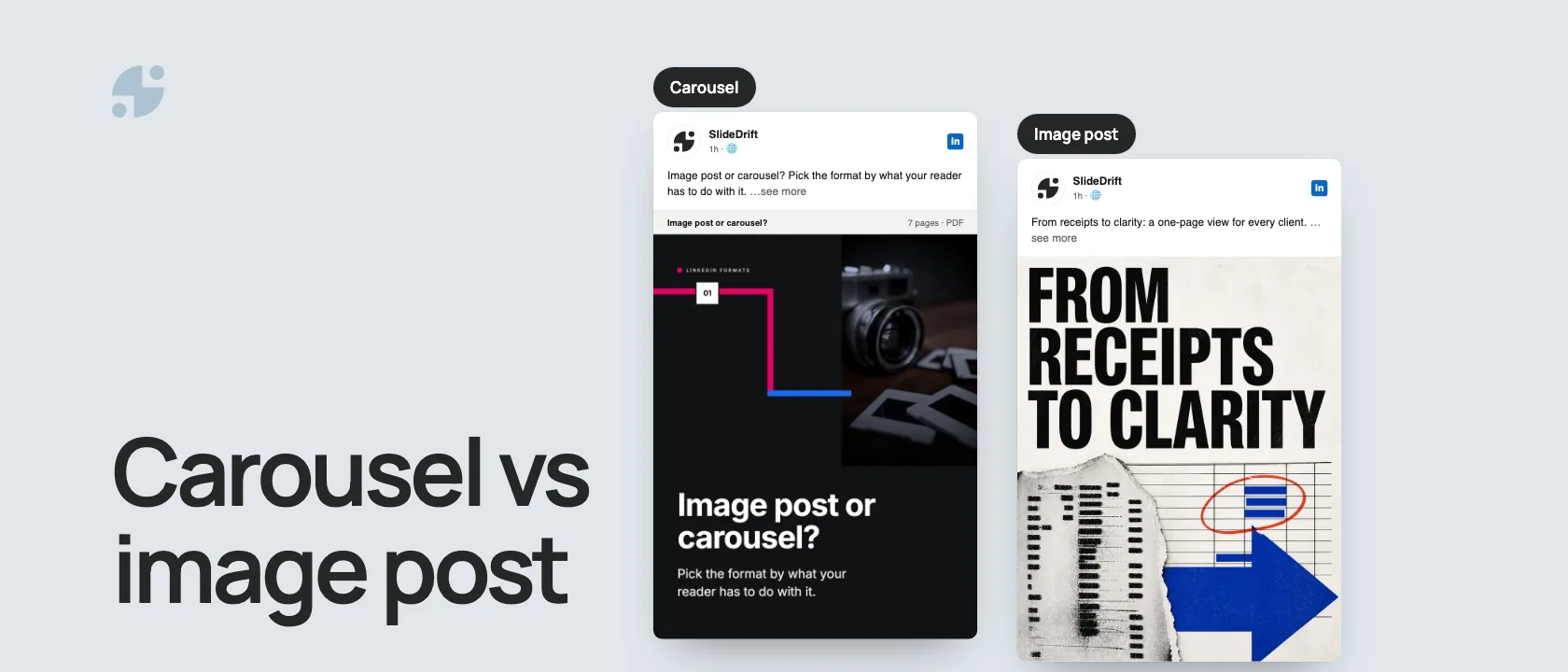 Carousel vs image post. A carousel post and an image post side by side on LinkedIn.