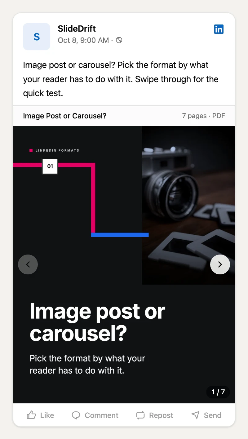 This article's carousel previewed in SlideDrift as a LinkedIn document post: the caption, the document title with 7 pages, the first page and an arrow to swipe