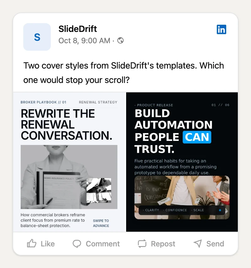 A two-image LinkedIn post previewed in SlideDrift: two portrait carousel covers side by side under a short caption