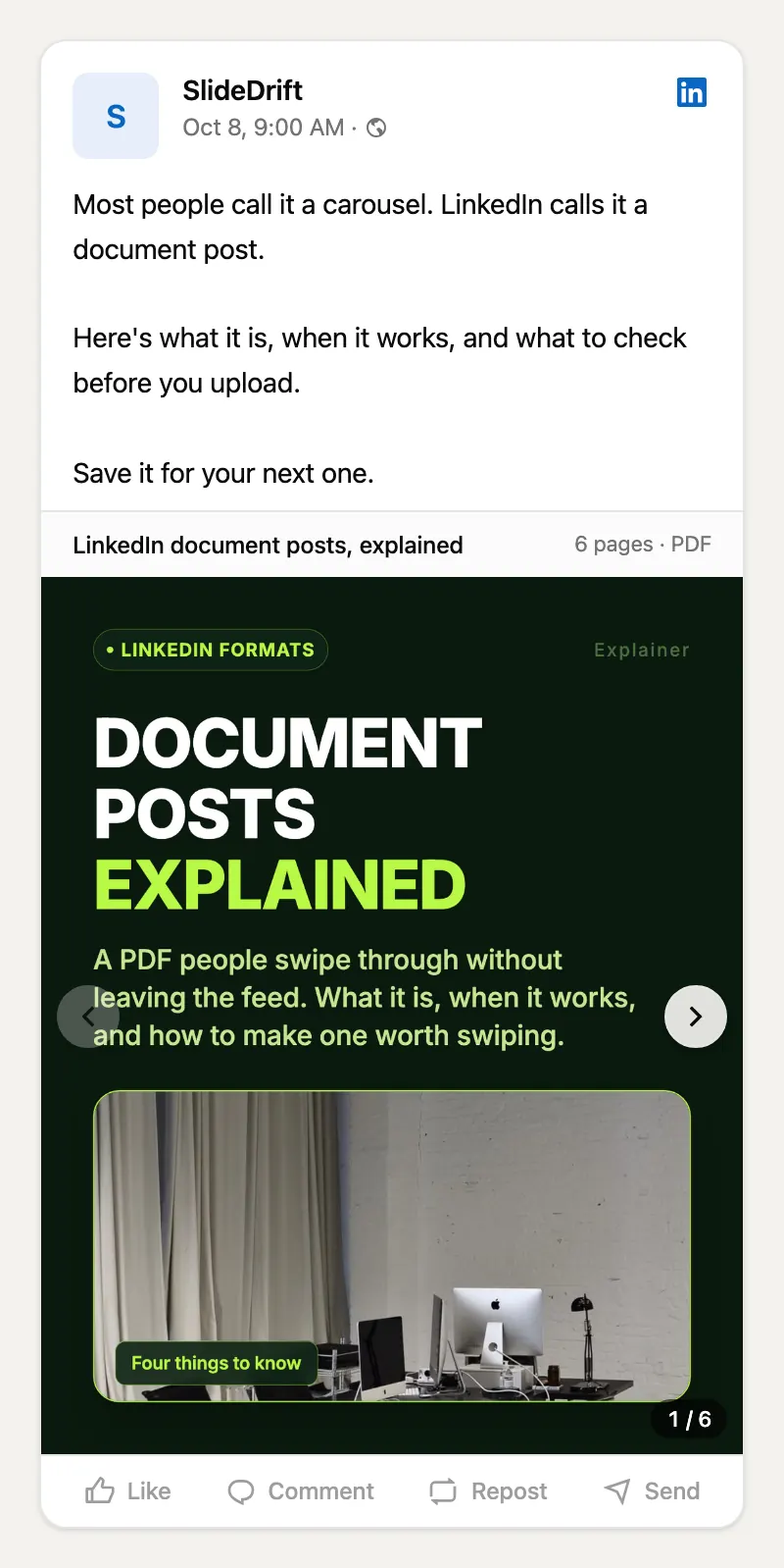A LinkedIn document post previewed in SlideDrift, with a caption, the document title and page count above the first page