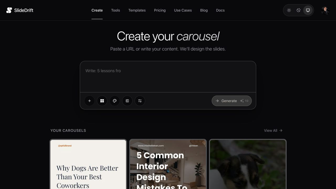 SlideDrift create page with a prompt box for turning a URL or written notes into carousel slides