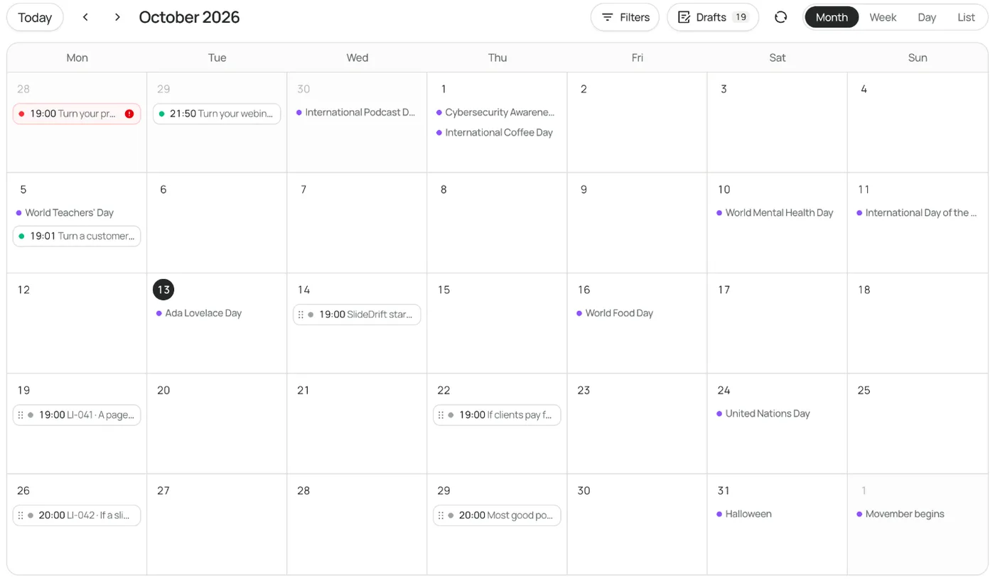 SlideDrift's Month view with a month of scheduled posts