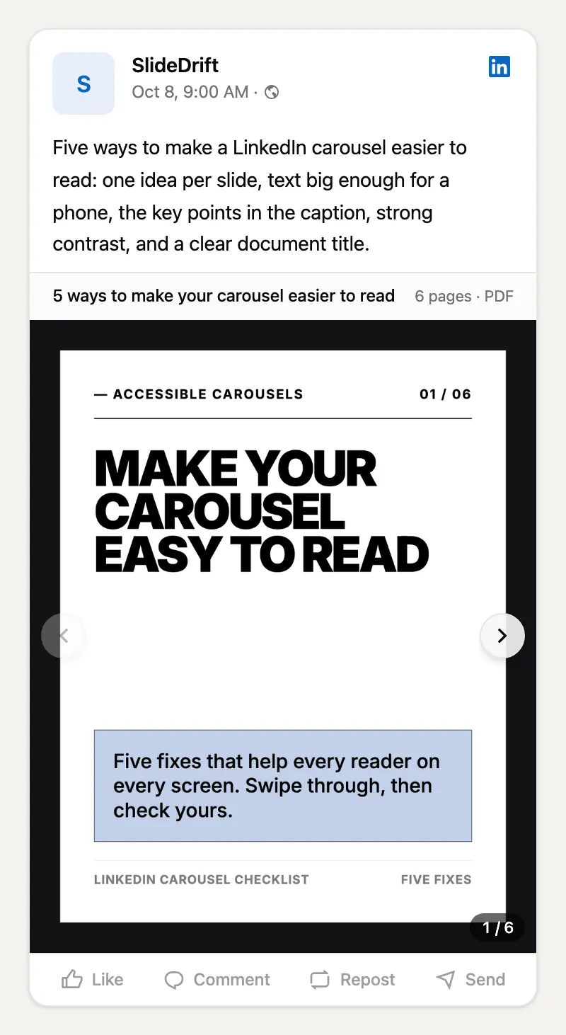 A LinkedIn carousel post previewed in SlideDrift, with a caption that sums up all five fixes in plain text above the first slide