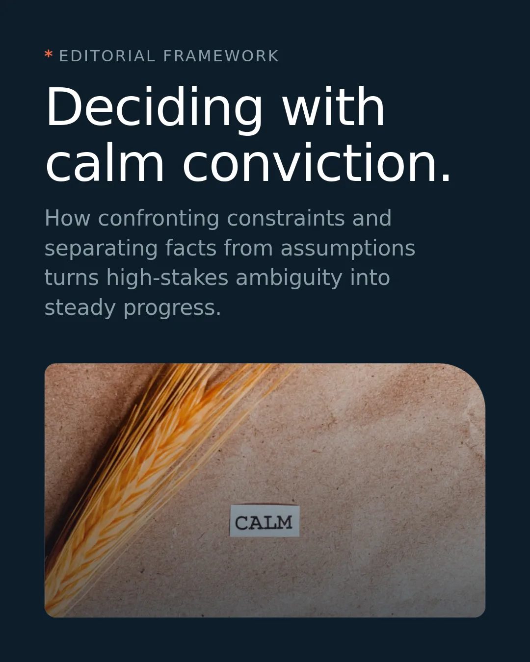 Free Coral Horizon LinkedIn Carousel Template slide 1: * Editorial Framework Deciding with calm conviction. How confronting constraints and separating facts from assumptions turns high-stakes...
