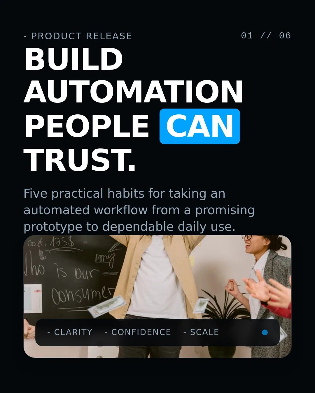 Free Electric Automation LinkedIn Carousel Template slide 1: - PRODUCT RELEASE 01 // 06 BUILD AUTOMATION PEOPLE CAN TRUST. Five practical habits for taking an automated workflow from a promising pro...