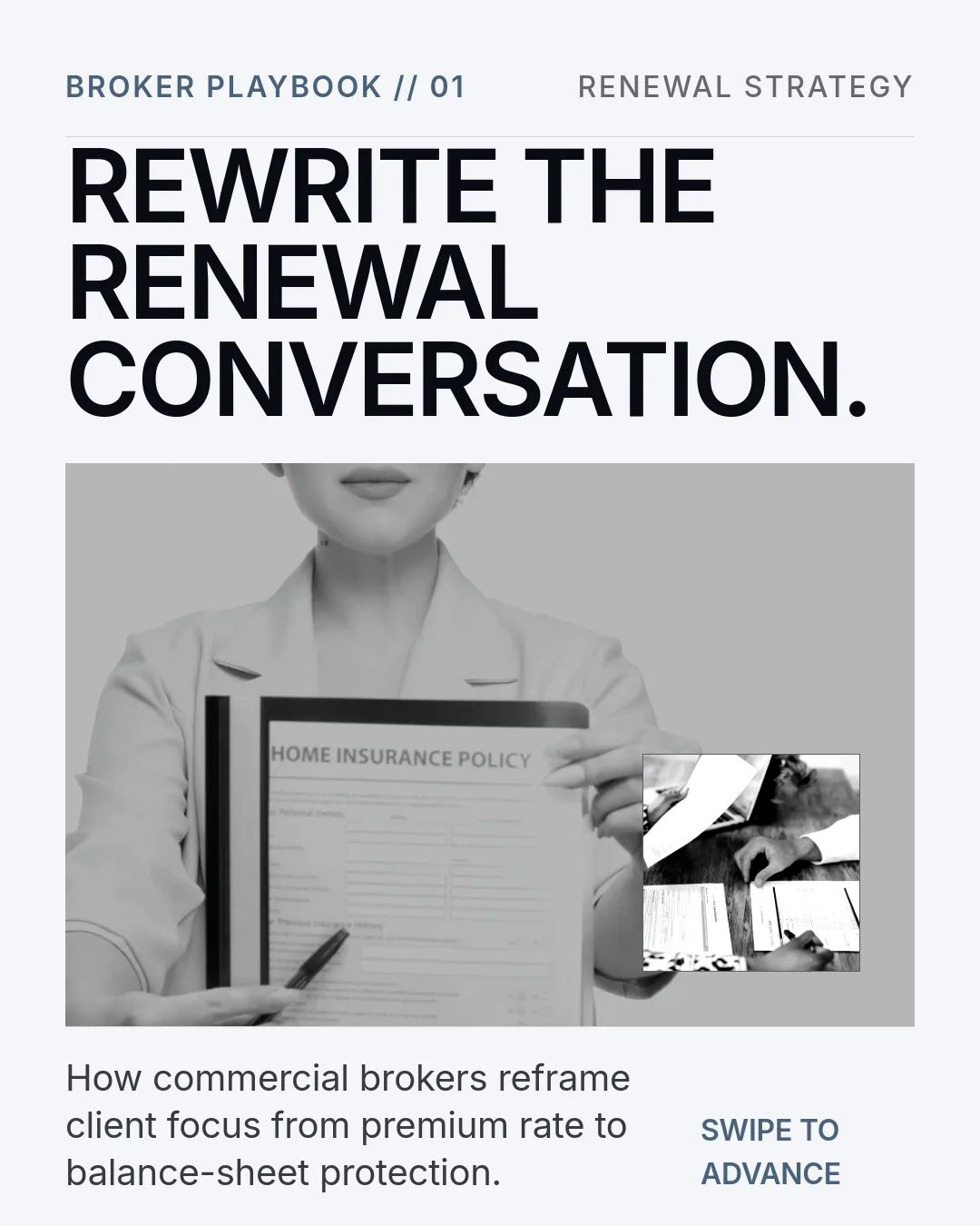 Free Studio Noir LinkedIn Carousel Template slide 1: BROKER PLAYBOOK // 01 RENEWAL STRATEGY REWRITE THE RENEWAL CONVERSATION. How commercial brokers reframe client focus from premium rate to...