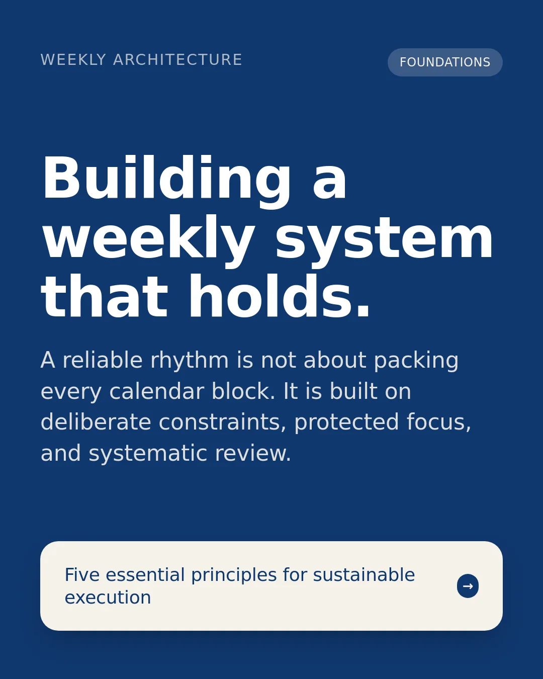 Free Blue Workshop LinkedIn Carousel Template slide 1: WEEKLY ARCHITECTURE FOUNDATIONS Building a weekly system that holds. A reliable rhythm is not about packing every calendar block. It is b...