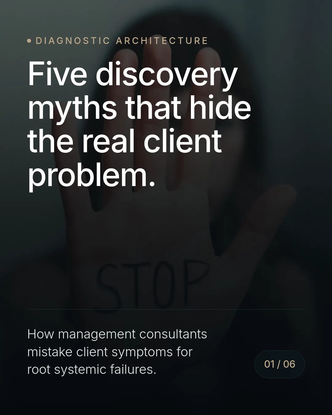 Free Botanical Chemistry LinkedIn Carousel Template slide 1: Diagnostic Architecture Five discovery myths that hide the real client problem. How management consultants mistake client symptoms for ro...