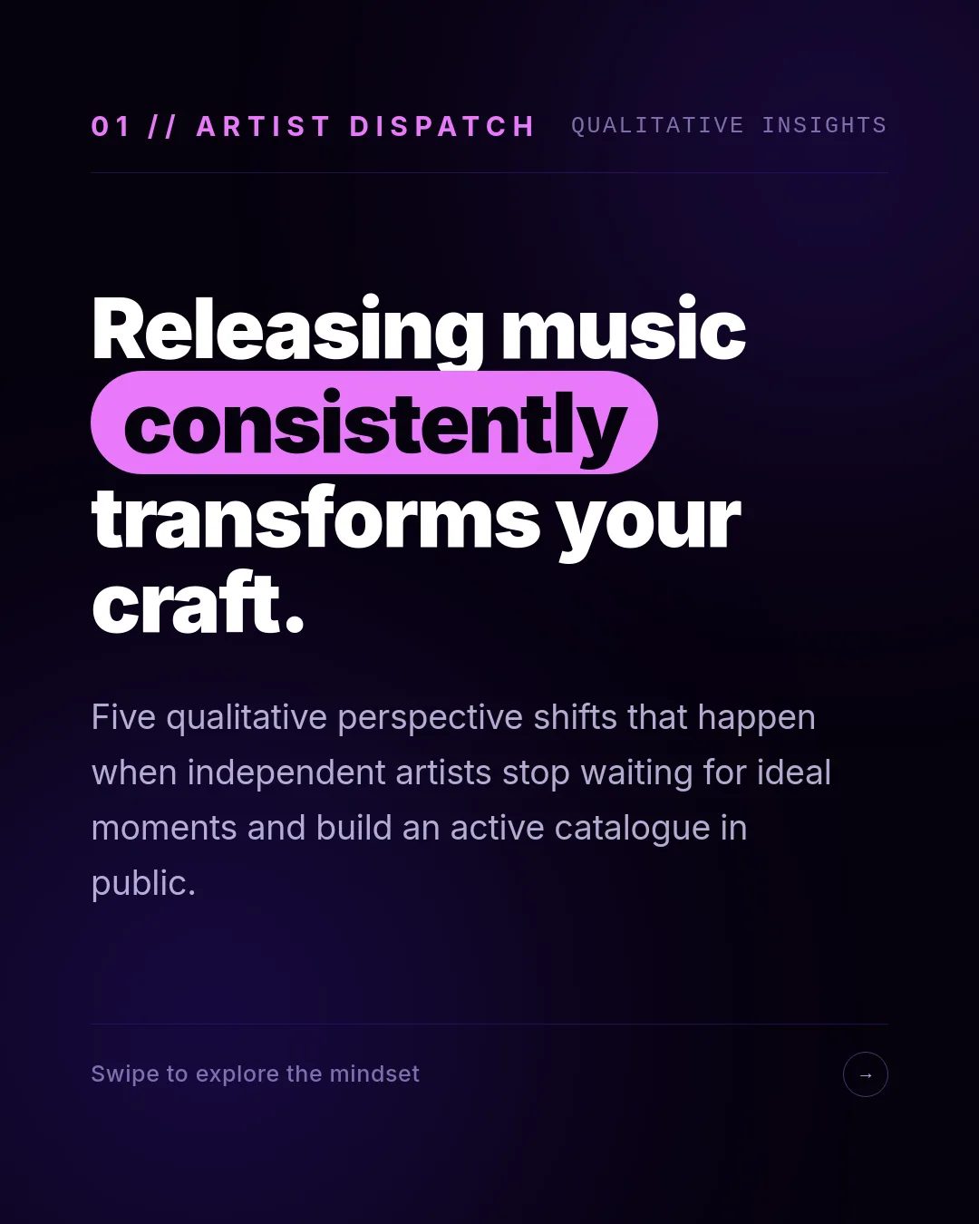 Free Violet Frequency LinkedIn Carousel Template slide 1: 01 // ARTIST DISPATCH QUALITATIVE INSIGHTS Releasing music consistently transforms your craft. Five qualitative perspective shifts that h...
