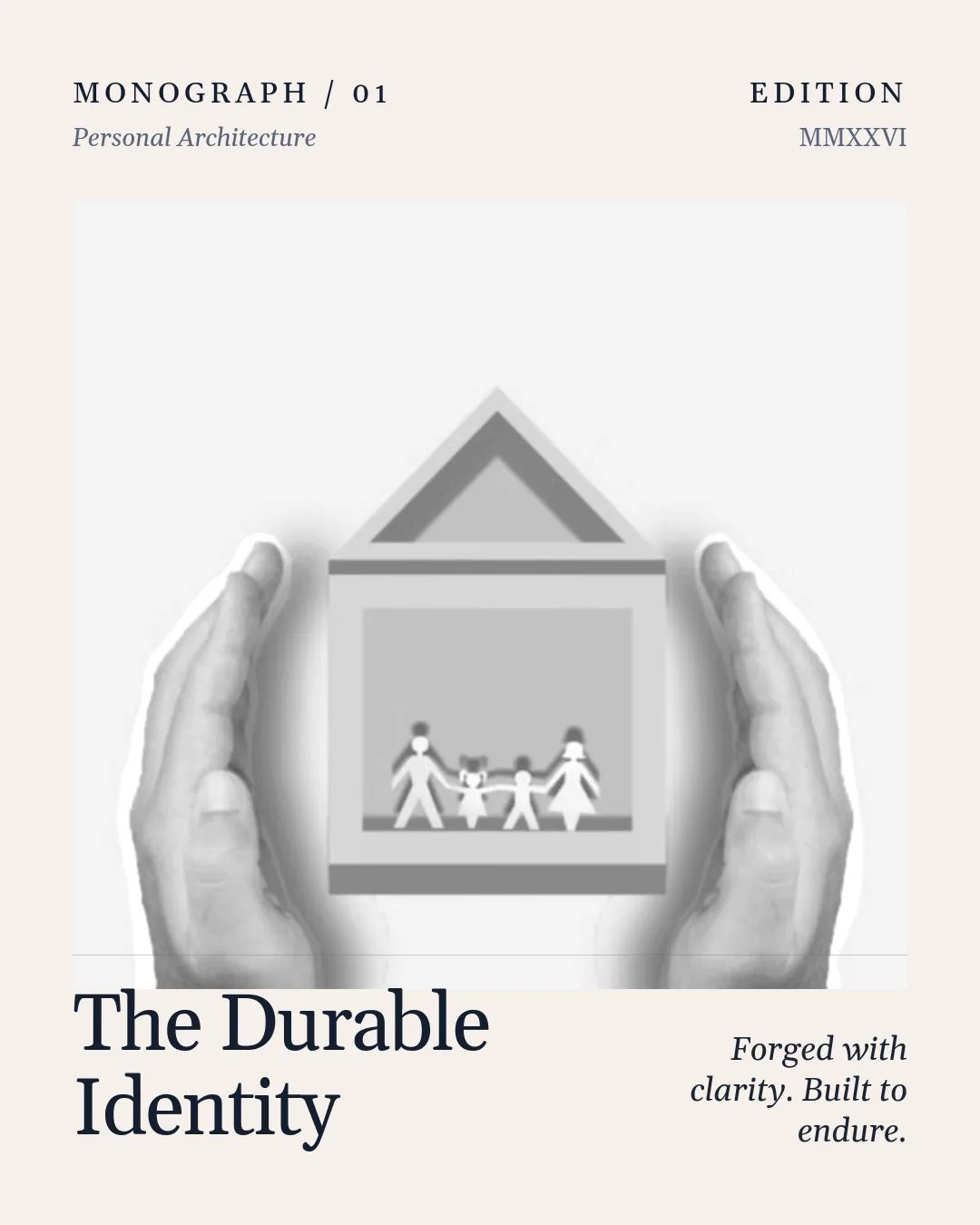 Free Navy Atelier LinkedIn Carousel Template slide 1: Monograph / 01 Personal Architecture Edition MMXXVI The Durable Identity Forged with clarity. Built to endure. Metadata label Metadata va...
