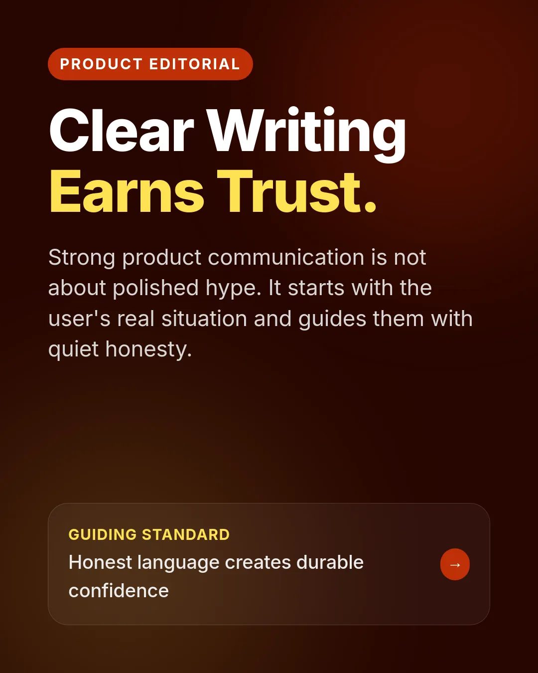 Free Solar Precision LinkedIn Carousel Template slide 1: Product Editorial Clear Writing Earns Trust. Strong product communication is not about polished hype. It starts with the user's real situ...