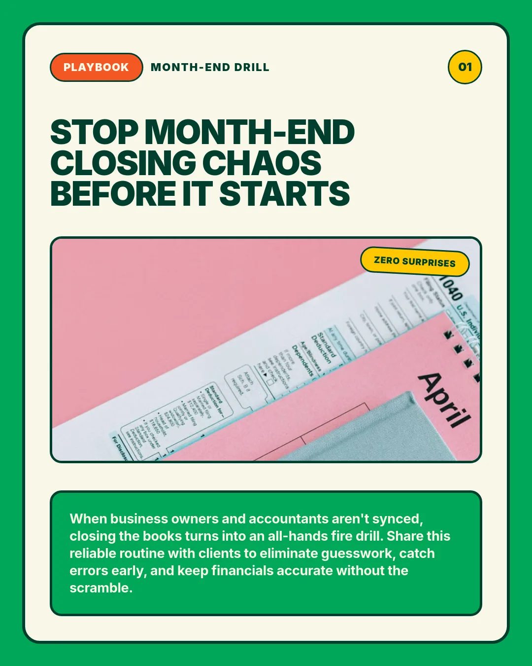 Free Rally Pop LinkedIn Carousel Template slide 1: PLAYBOOK MONTH-END DRILL 01 Stop month-end closing chaos before it starts ZERO SURPRISES When business owners and accountants aren't sync...