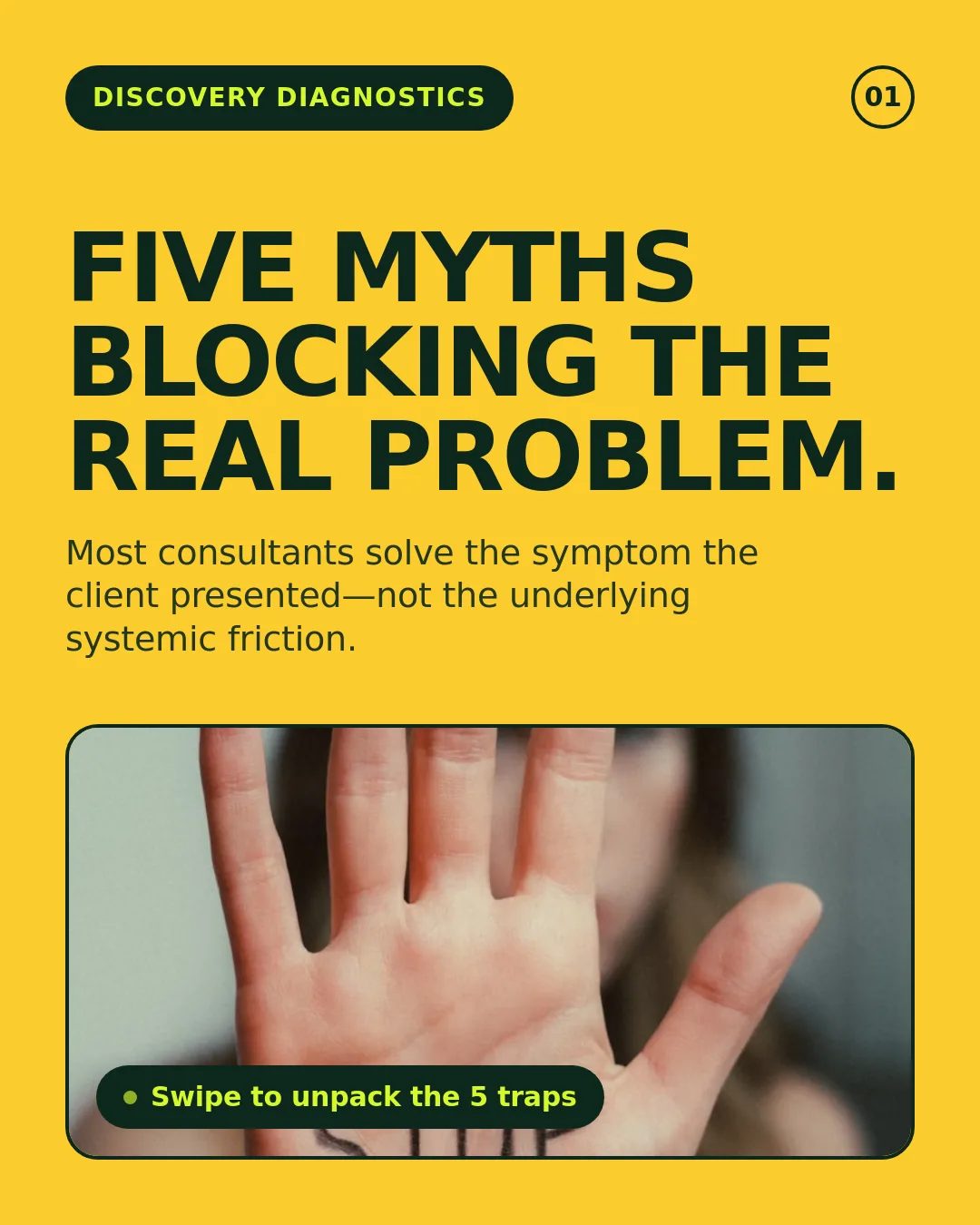 Free Circular Market LinkedIn Carousel Template slide 1: Discovery Diagnostics 01 FIVE MYTHS BLOCKING THE REAL PROBLEM. Most consultants solve the symptom the client presented—not the underlying...