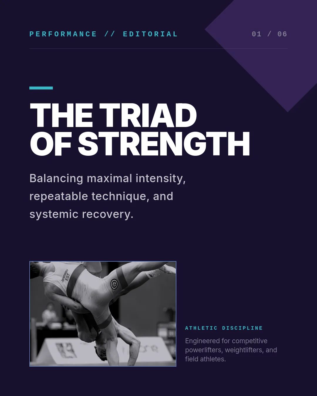 Free Amethyst Motion LinkedIn Carousel Template slide 1: PERFORMANCE // EDITORIAL 01 / 06 THE TRIAD OF STRENGTH Balancing maximal intensity, repeatable technique, and systemic recovery. ATHLETIC...