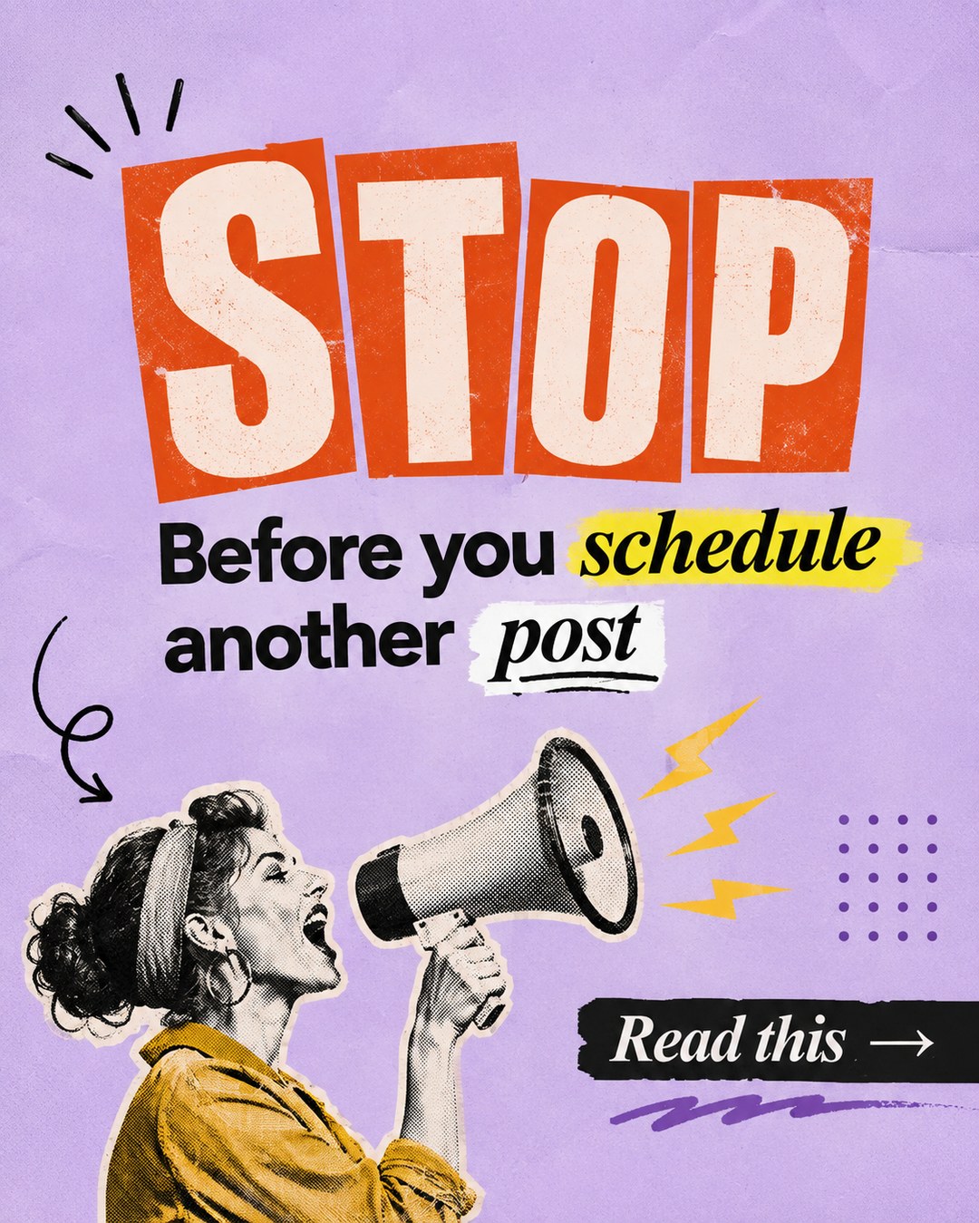 LinkedIn graphic reading “STOP” over a retro halftone woman shouting into a megaphone