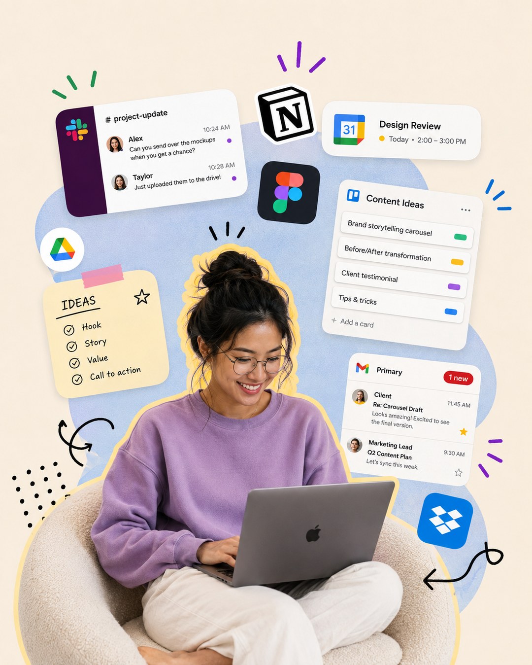 LinkedIn graphic showing a smiling woman working on a laptop in a round armchair surrounded by floating work app widgets