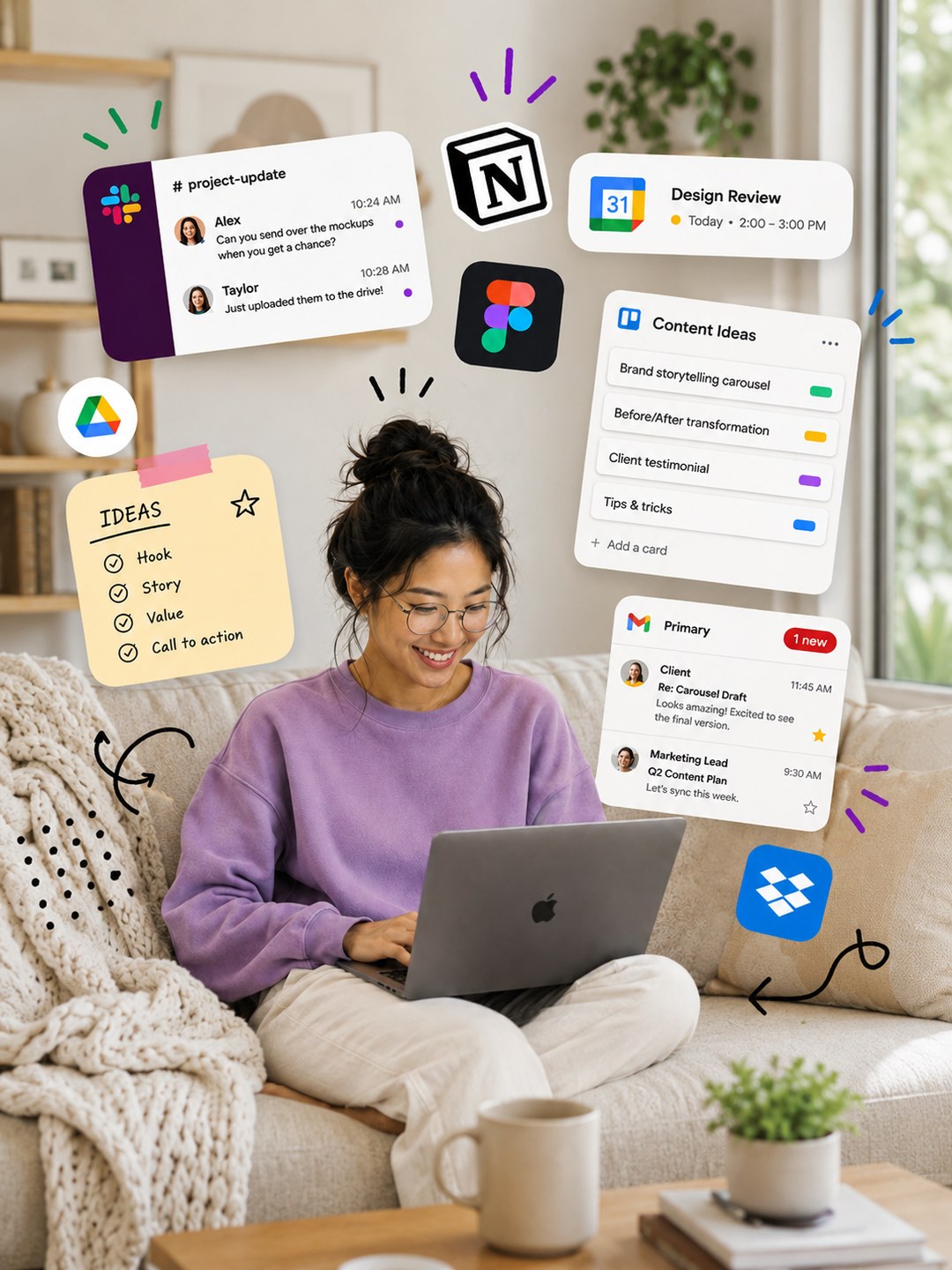 LinkedIn graphic showing A woman wearing glasses and a lilac sweater working on a laptop on a couch surrounded by floating app icons and workflow UI cards