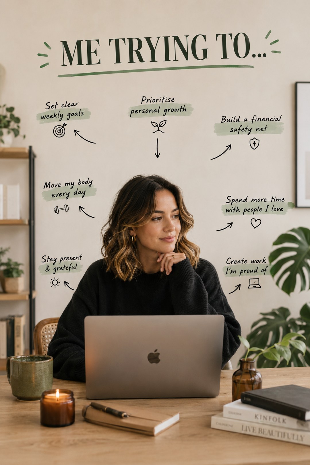 LinkedIn graphic reading “ME TRYING TO...” over a thoughtful woman sitting at a desk behind an open laptop