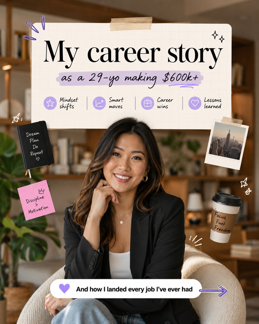 LinkedIn graphic reading “My career story” over a smiling young Asian woman in a black blazer sitting in an armchair