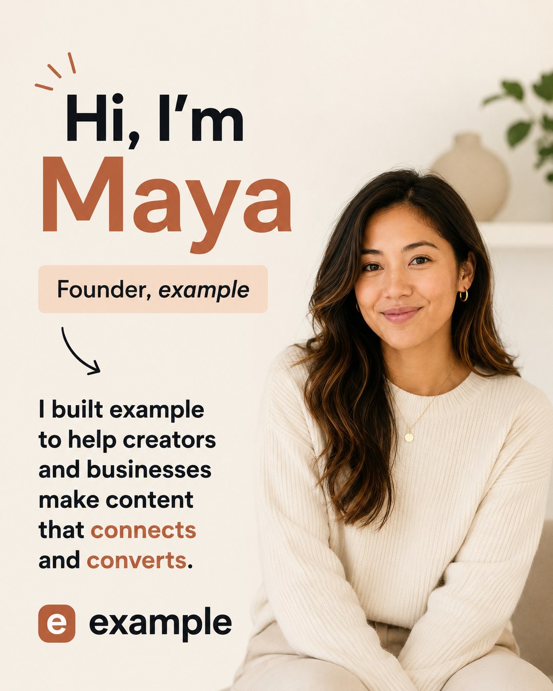 LinkedIn graphic reading “Hi, I’m Maya” over a smiling woman in a cream knit sweater