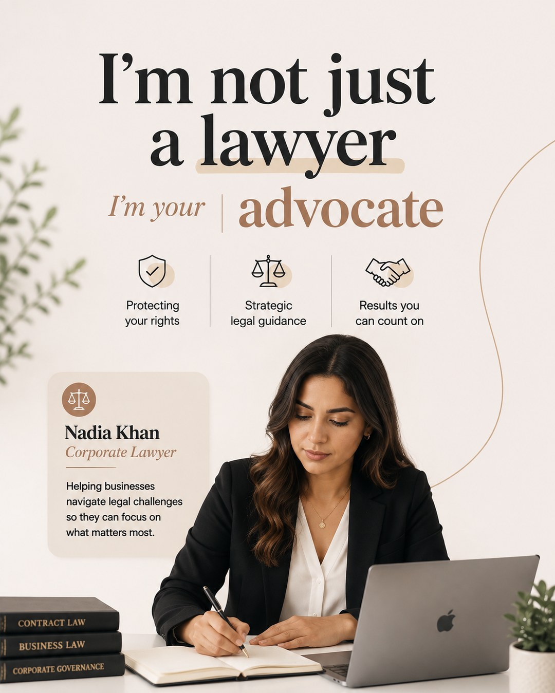 LinkedIn graphic reading “I'm not just a lawyer” over a woman in a black blazer writing in a notebook at a desk with a laptop
