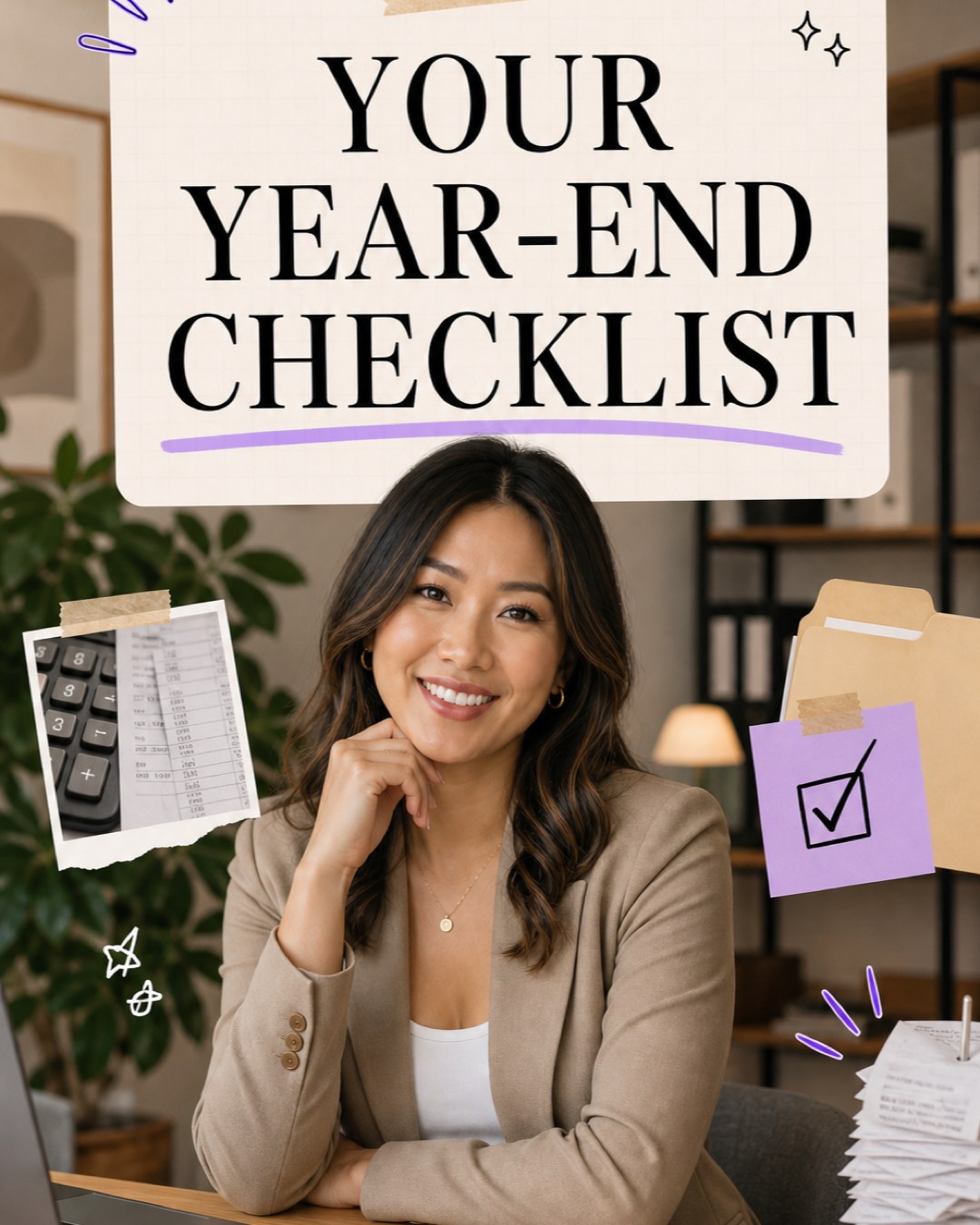 LinkedIn graphic reading “YOUR YEAR-END CHECKLIST” over a smiling businesswoman in a tan blazer at an office desk