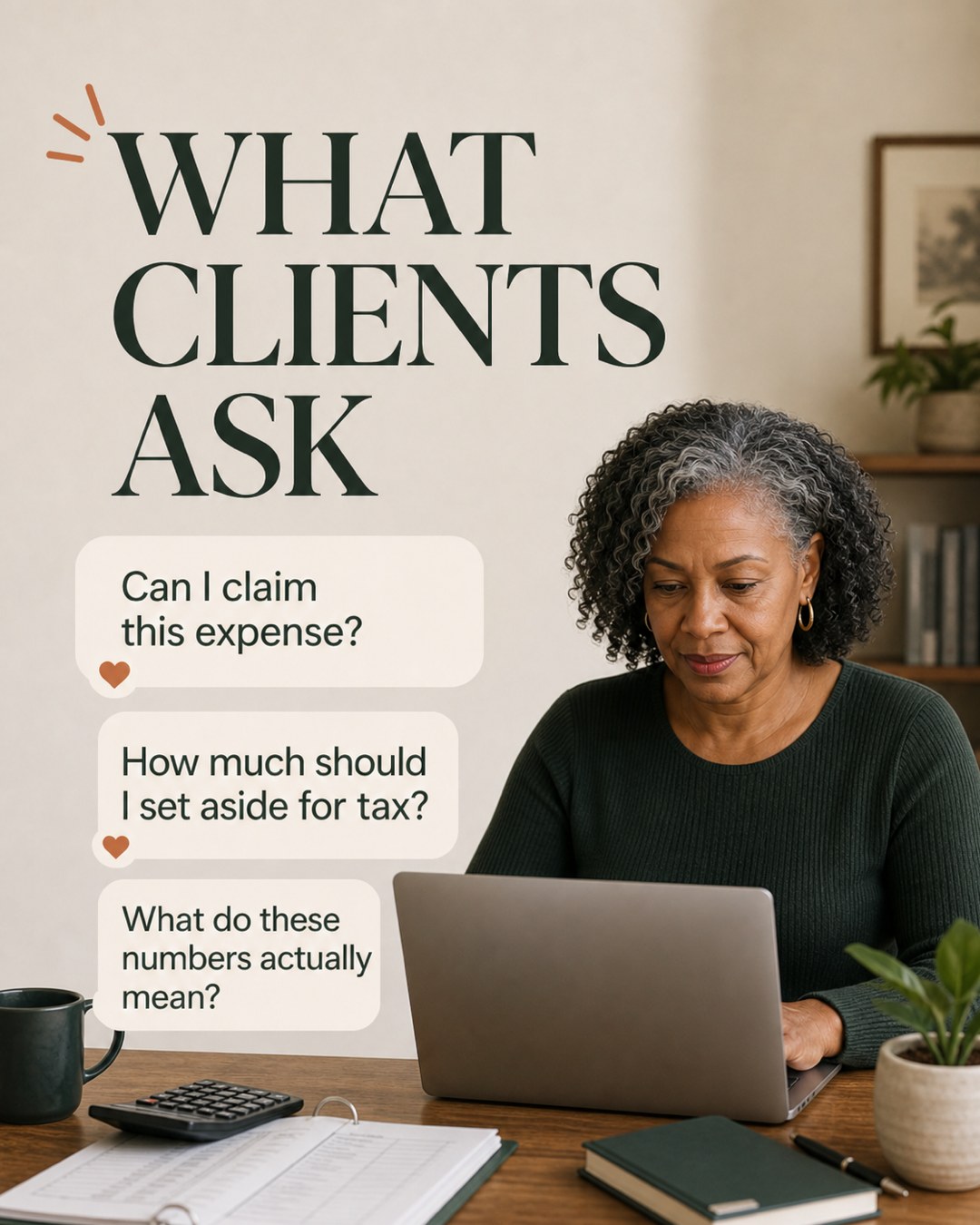 LinkedIn graphic reading “WHAT CLIENTS ASK” over a mature woman with grey curly hair typing on a laptop at an office desk