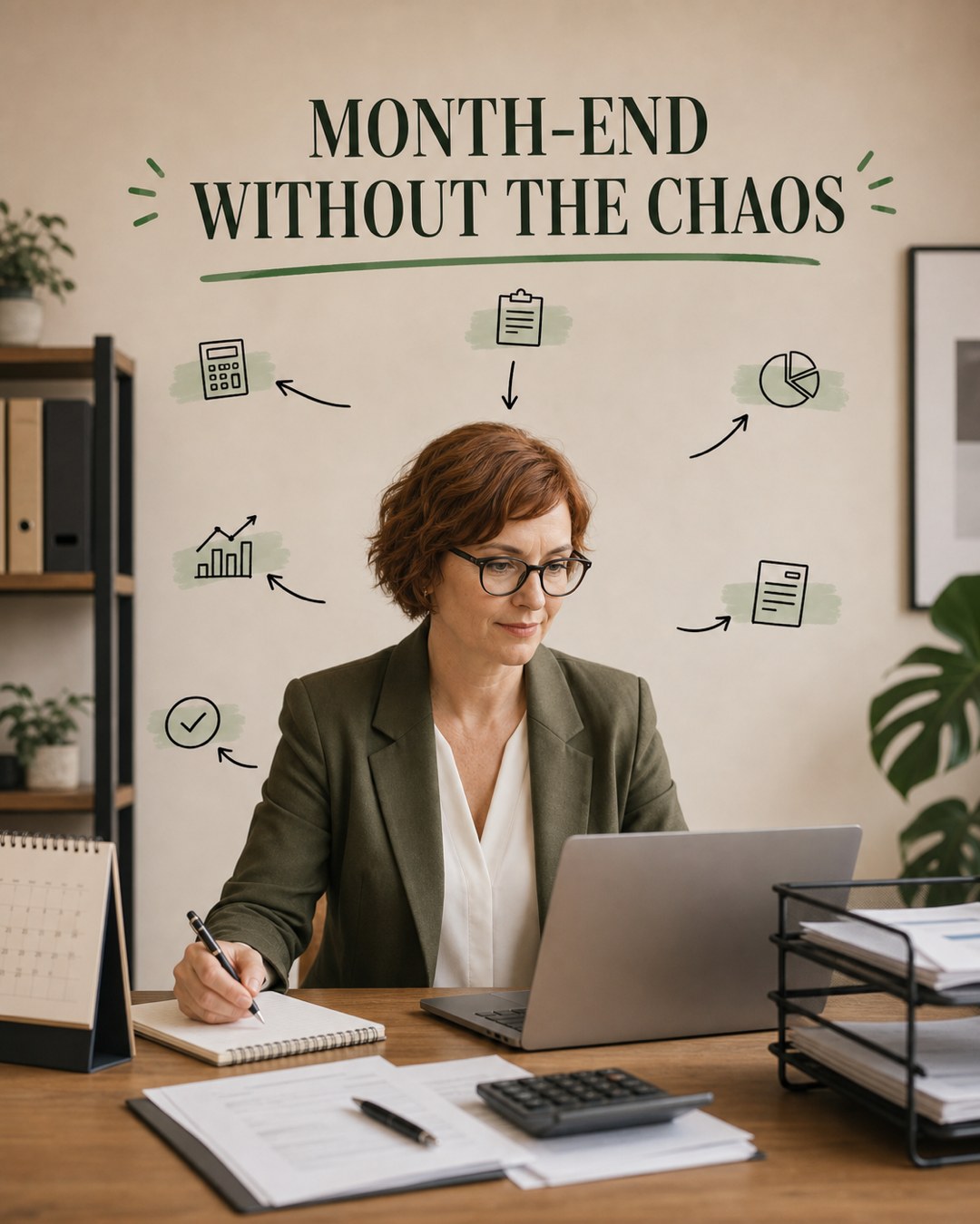 LinkedIn graphic reading “MONTH-END WITHOUT THE CHAOS” over a woman in an olive blazer sitting at a wooden desk with a laptop, notebook, and calculator