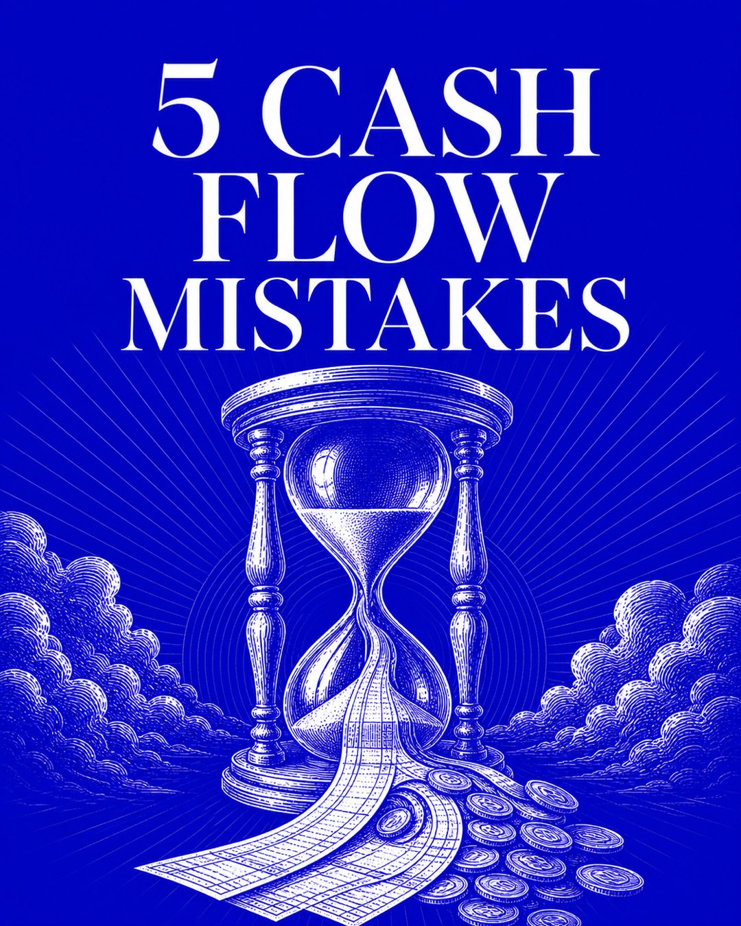 LinkedIn graphic reading “5 CASH FLOW MISTAKES” over an engraved hourglass spilling financial charts and coins