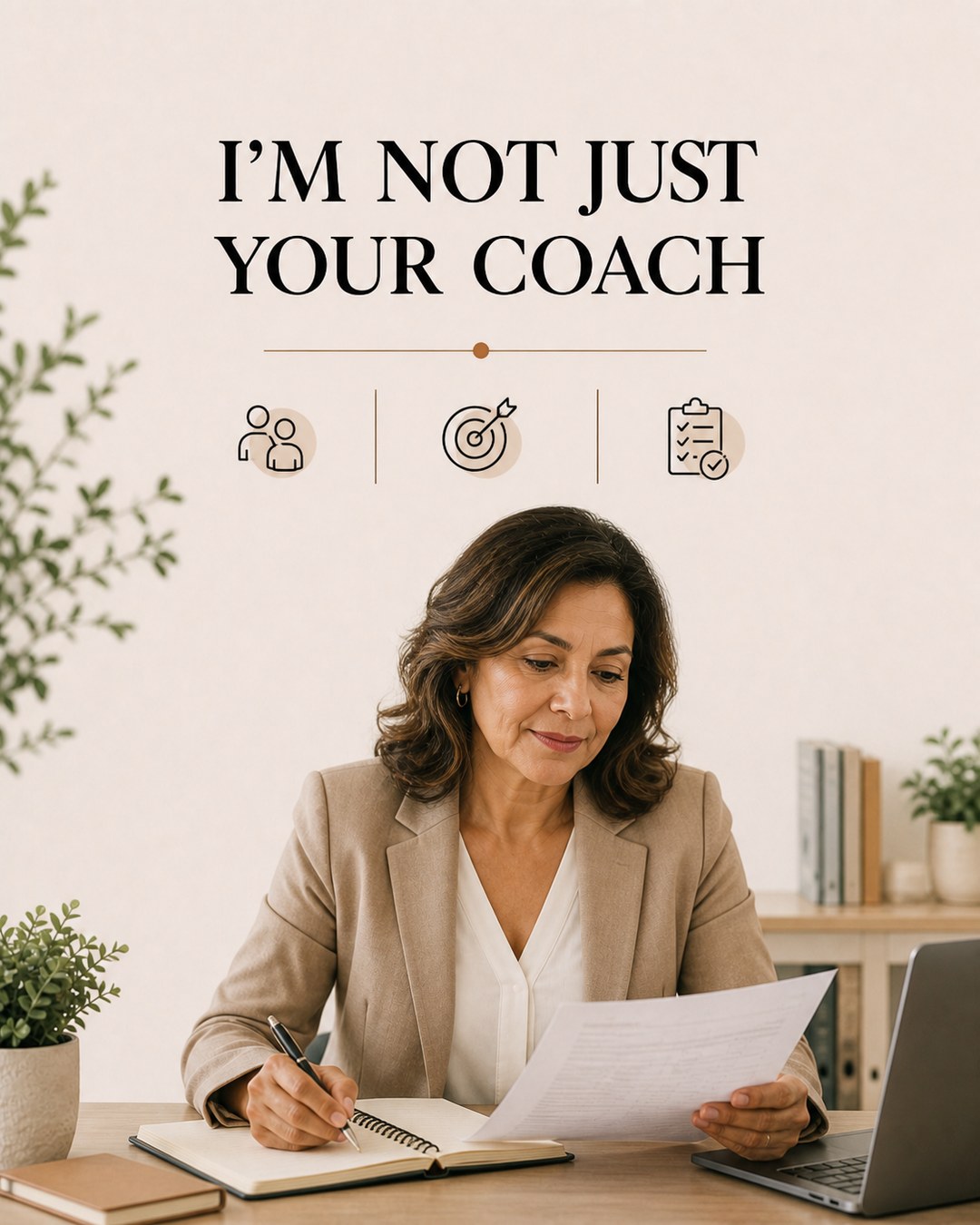LinkedIn graphic reading “I'M NOT JUST YOUR COACH” over a professional woman in a beige blazer reviewing documents at her desk