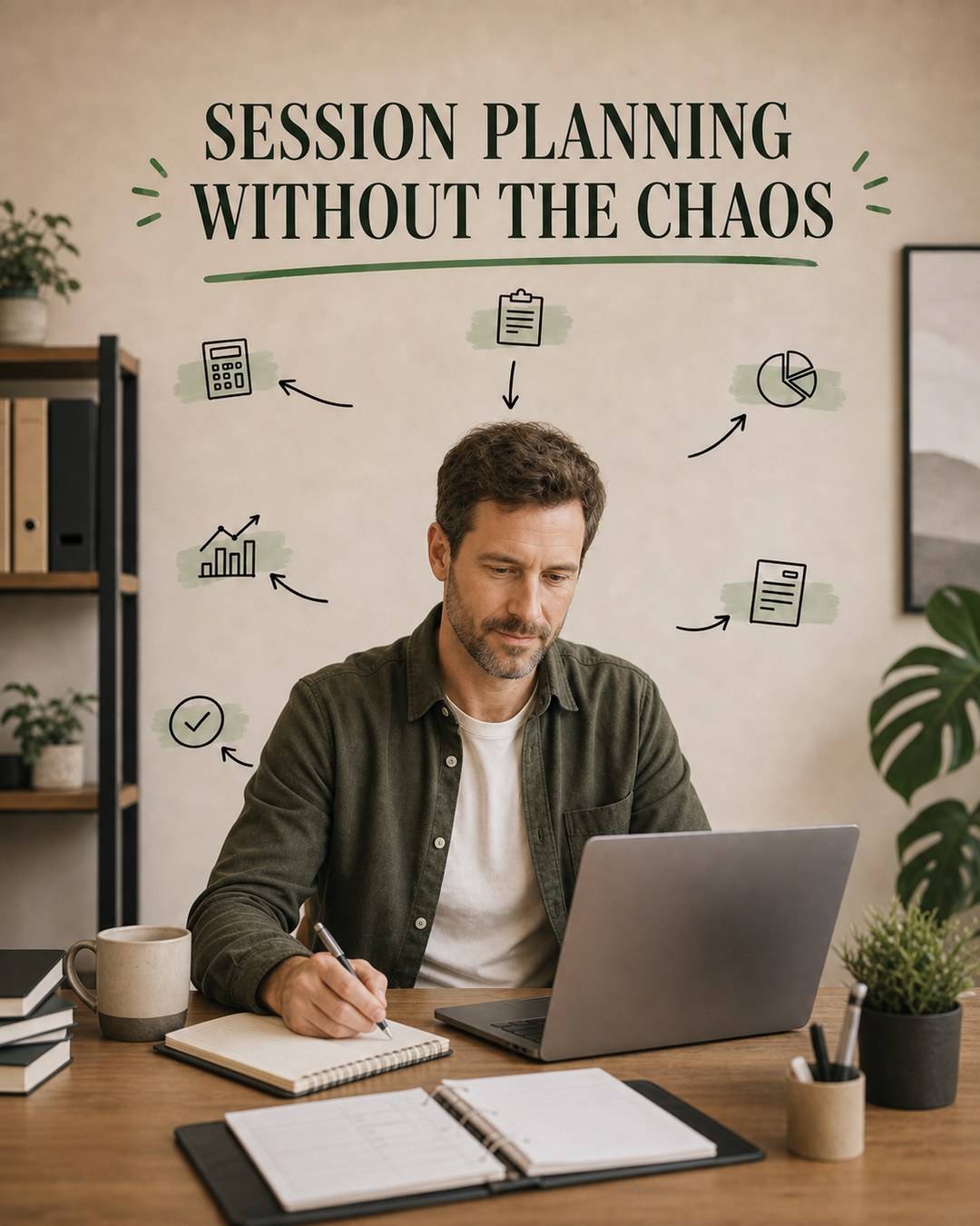 LinkedIn graphic reading “SESSION PLANNING
WITHOUT THE CHAOS” over a man working at a wooden desk with a laptop, notebook, and hand-drawn workflow icons floating around him