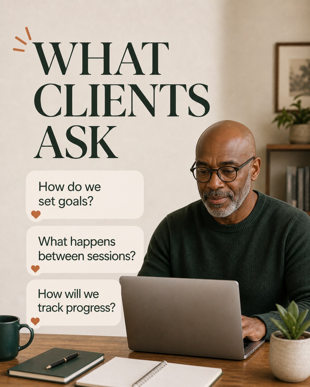 LinkedIn graphic reading “WHAT CLIENTS ASK” over a mature Black man with glasses working on a laptop at a wooden desk