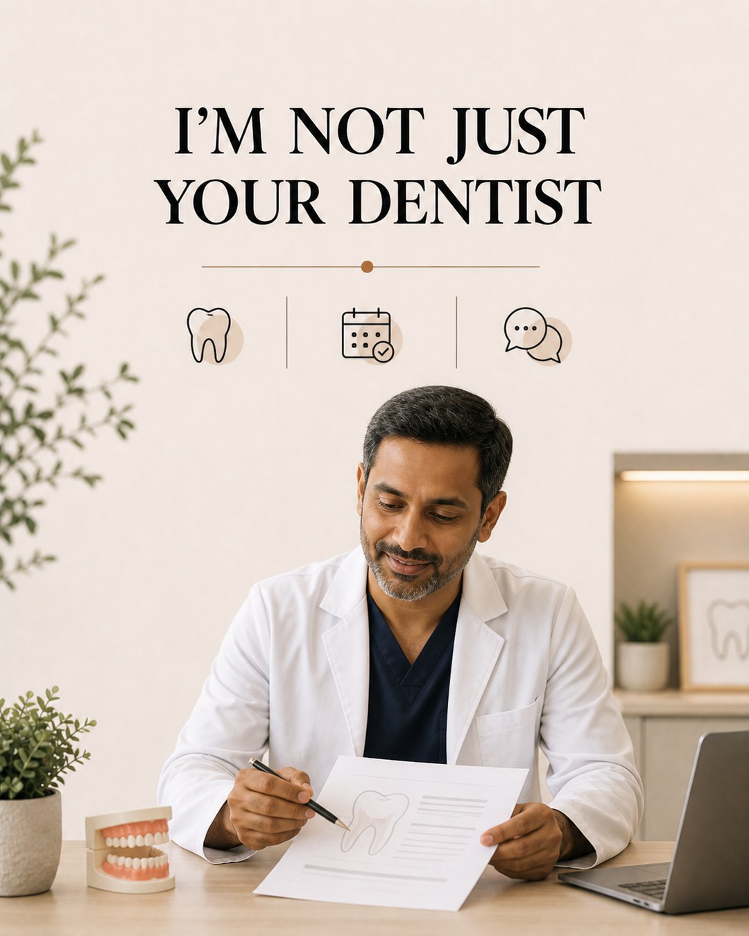 LinkedIn graphic reading “I’M NOT JUST YOUR DENTIST” over a male dentist seated at a wooden desk reviewing a chart