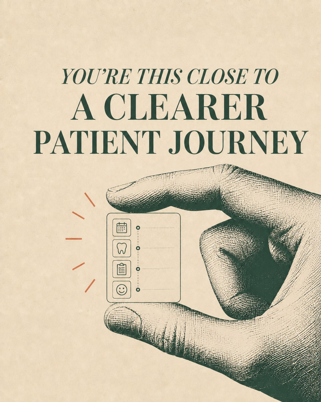 LinkedIn graphic reading “A CLEARER PATIENT JOURNEY” over a vintage engraved hand pinching a tiny checklist card