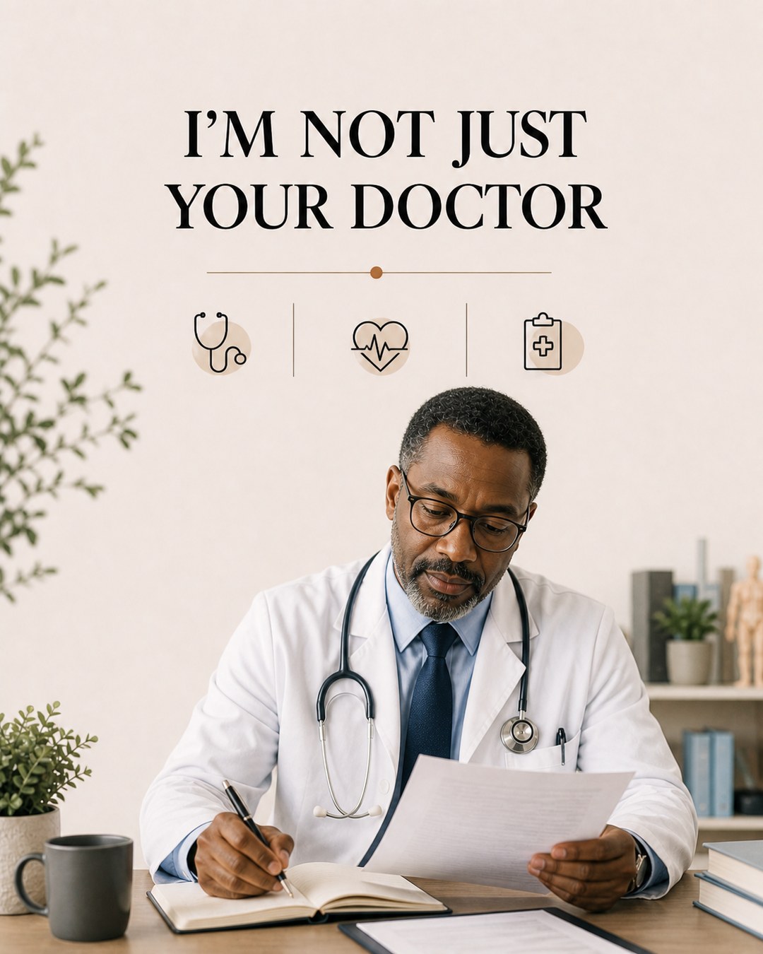 LinkedIn graphic reading “I'M NOT JUST YOUR DOCTOR” over a doctor in a lab coat reading papers at a desk