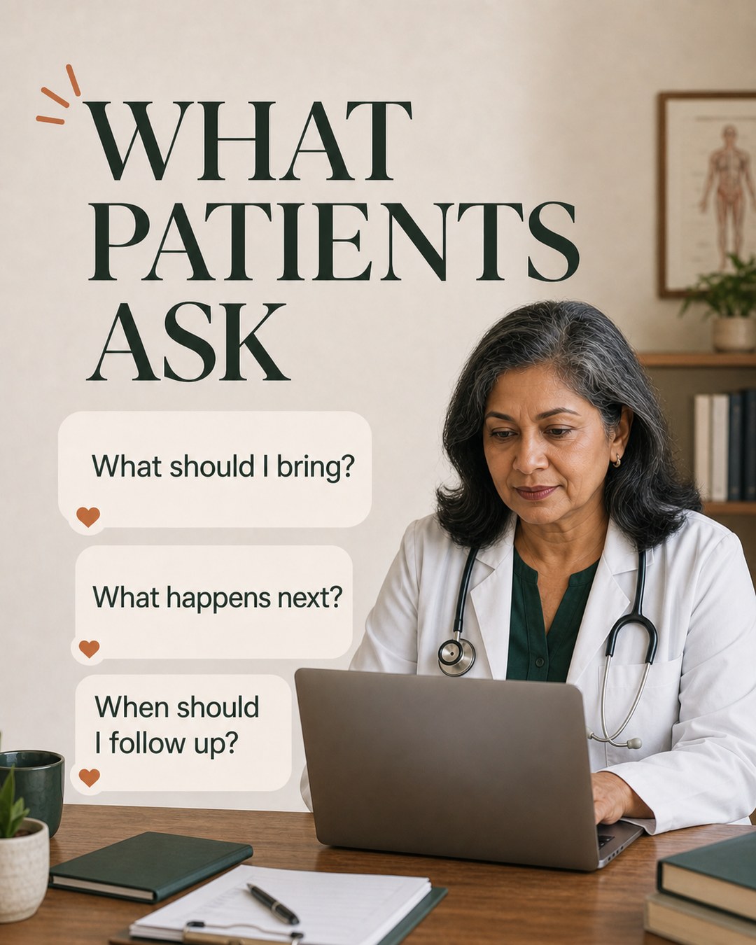 LinkedIn graphic reading “WHAT PATIENTS ASK” over a female doctor sitting at a desk with a laptop