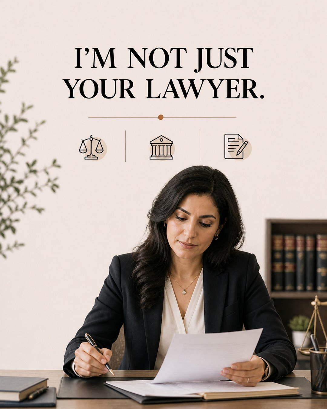 LinkedIn graphic reading “I'M NOT JUST
YOUR LAWYER.” over a female lawyer in a black suit sitting at her desk reviewing legal documents
