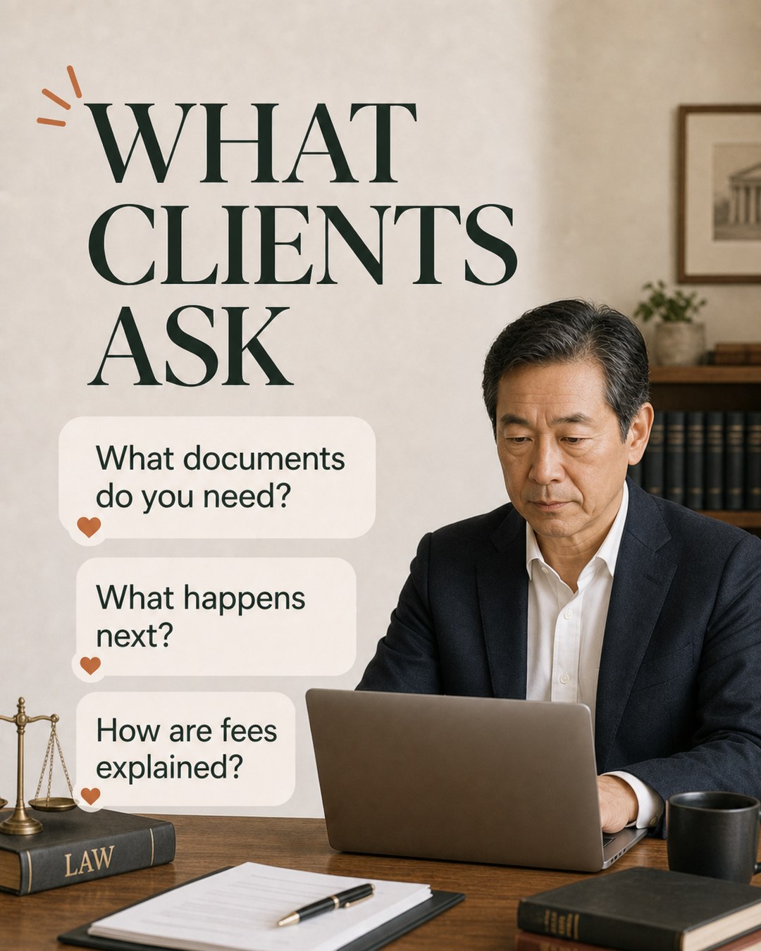LinkedIn graphic reading “WHAT CLIENTS ASK” over a mature Asian lawyer working at a laptop at a wooden desk