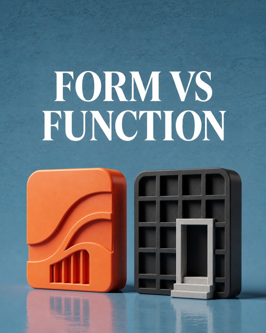LinkedIn graphic reading “FORM VS FUNCTION” over two 3D architectural blocks, one organic orange relief and one dark grid structure with a doorway