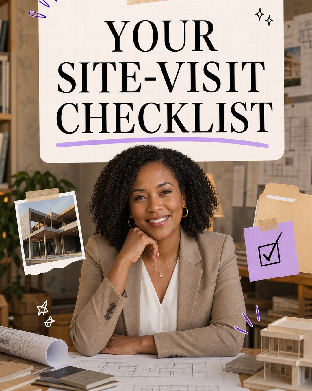 LinkedIn carousel cover design reading “YOUR SITE-VISIT CHECKLIST” over a smiling female architect sitting at a desk with blueprints and scale models