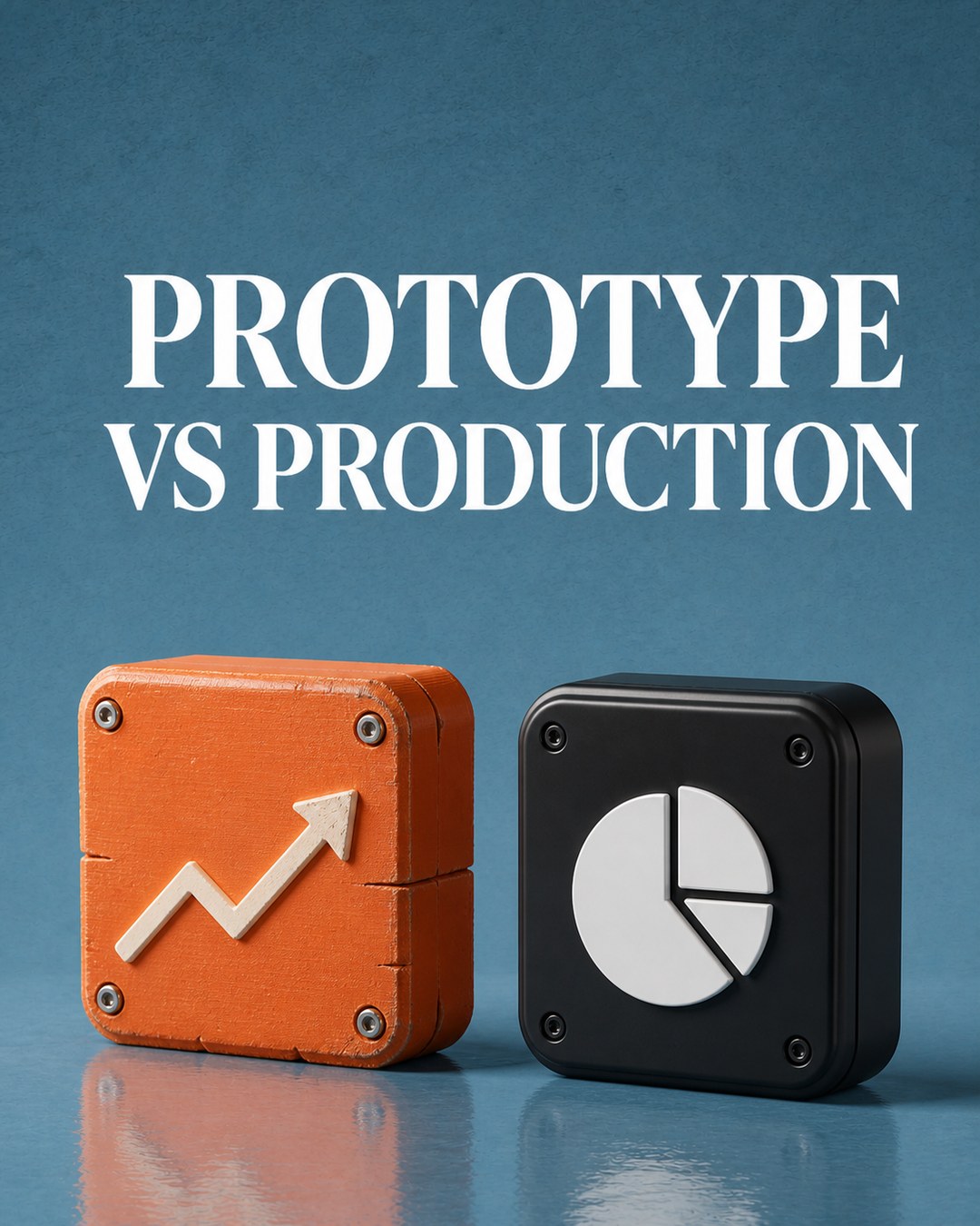 LinkedIn graphic reading “PROTOTYPE VS PRODUCTION” over two 3D metric blocks with an upward growth arrow and a pie chart