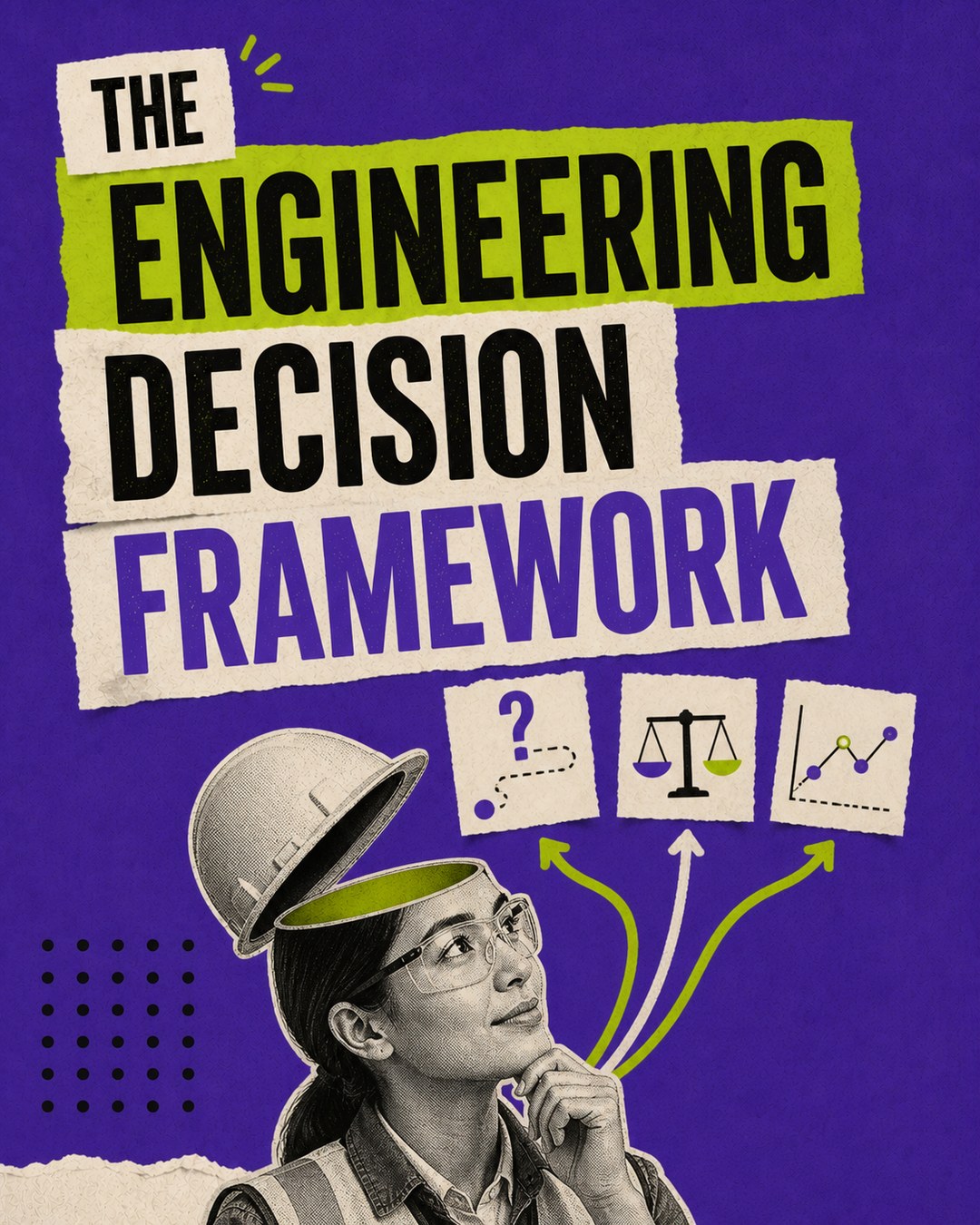 LinkedIn graphic reading “THE ENGINEERING DECISION FRAMEWORK” over a female engineer in a hardhat with her head open and idea arrows branching out to decision cards
