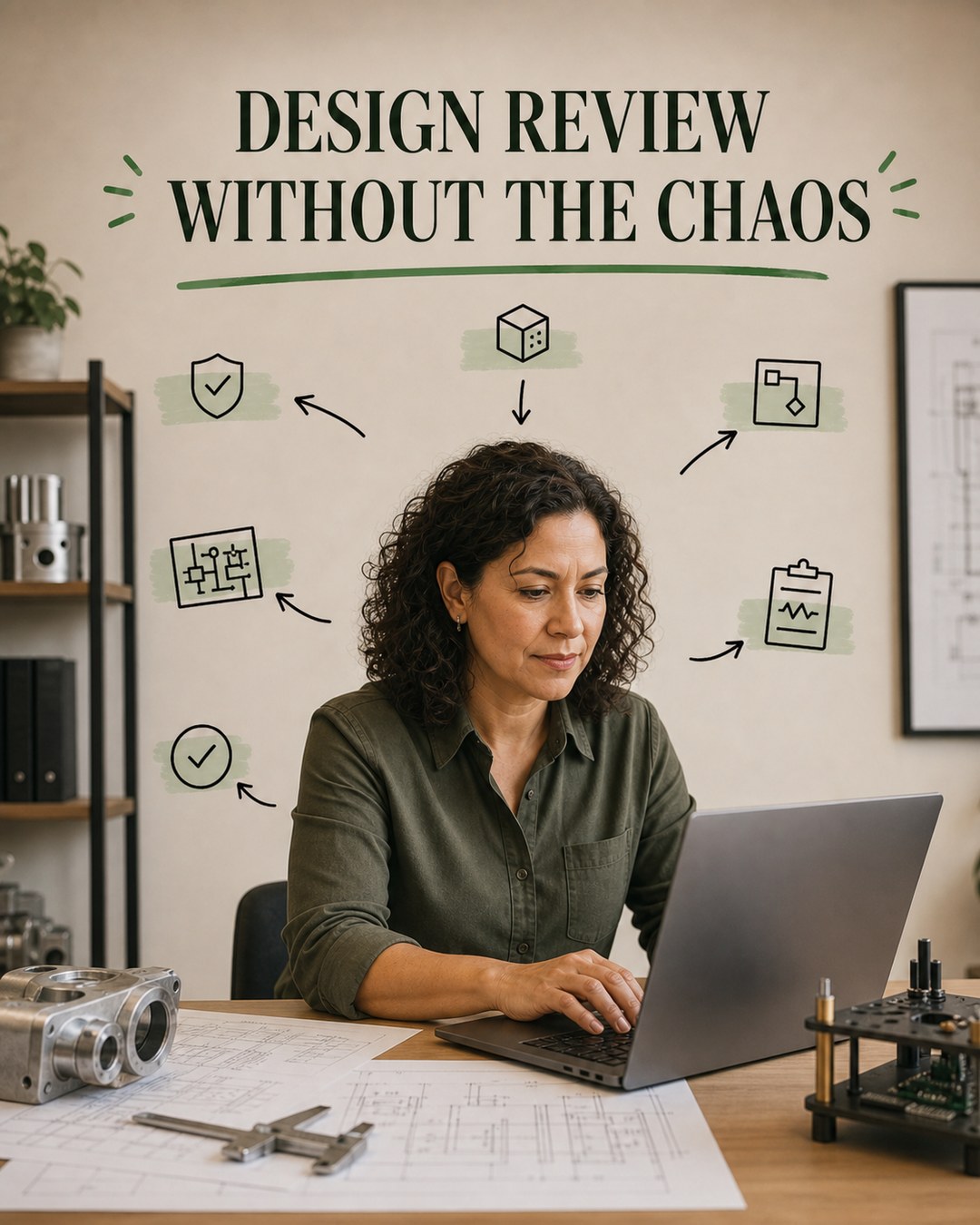LinkedIn graphic reading “DESIGN REVIEW WITHOUT THE CHAOS” over a woman engineer working on a laptop at a desk with schematics and mechanical parts
