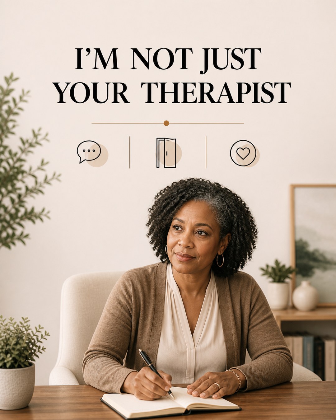 LinkedIn graphic reading “I’M NOT JUST YOUR THERAPIST” over a female therapist writing in a notebook at her desk